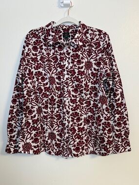 Talbots White Button-Down Shirt with Burgundy Floral Motif — Non-Iron